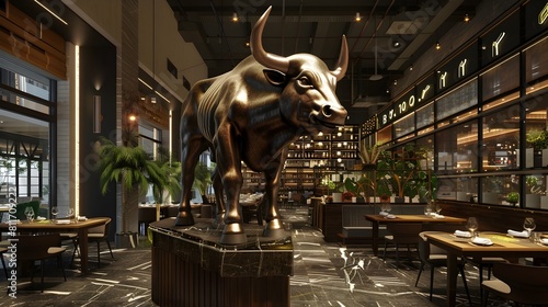 Impressive Bronze Bull Sculpture Adorns Upscale Corporate Restaurant and Lounge Interior photo