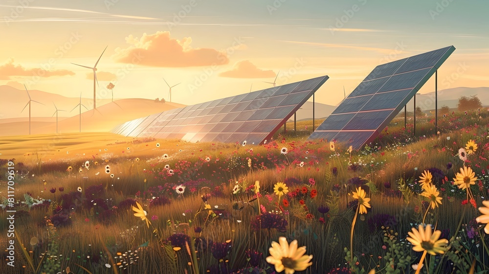 Futuristic Solar Array in Wildflower Field An of Serene Energy Innovation