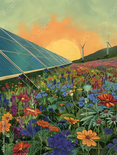 Stylized Solar Farm in Serene Countryside photo