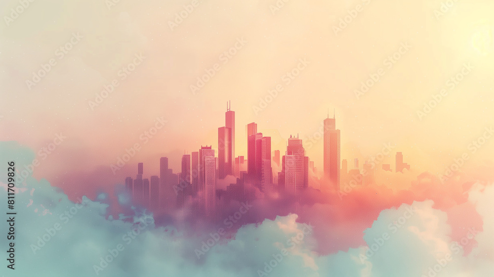 A tranquil scene depicting a small city emerging from a misty, pale background, bathed in pastel hues. The serene atmosphere evokes a sense of calm and tranquility, inviting viewers to immerse them