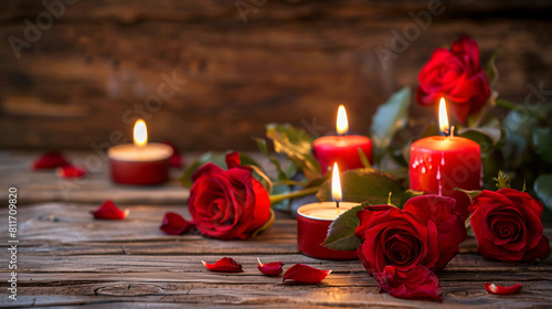 Red roses and burning candles on wooden background. 