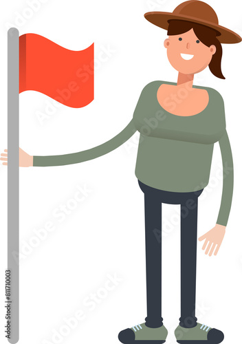 Woman in Hat Character Holding Flag 