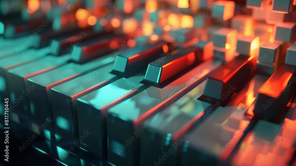 Fototapeta premium Close-up of a synthesizer with glowing orange and blue keys.