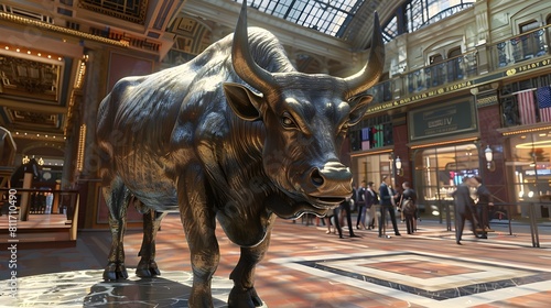 Majestic Bronze Bull Sculpture on Display in Historic Museum Interior