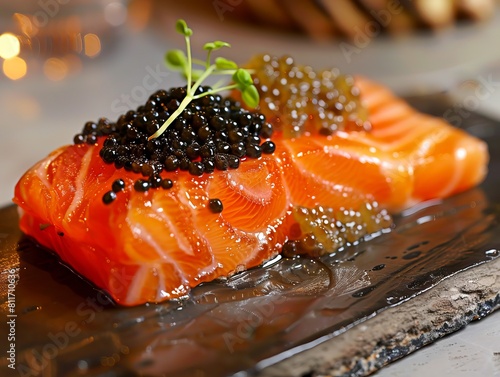 A piece of salmon with caviar on a black plate.