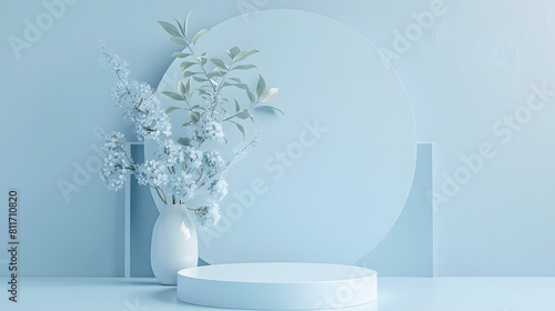Product podium 3d. Empty podium or pedestal display blue background with cylinder stand,abstract blank product shelf standing backdrop. front view focus ideal luxury sleek pedestal pictorial space