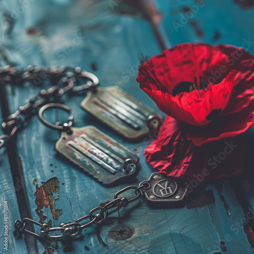 Blue vintage table featuring a red poppy and dog tags, Memorial Day scene. photo