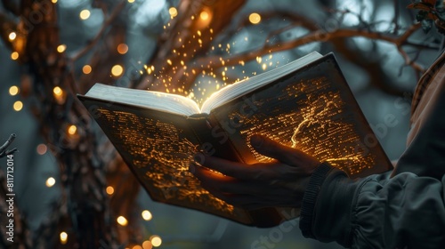 Reviving nature  man uses glowing book to transform dead tree into captivating living artwork photo