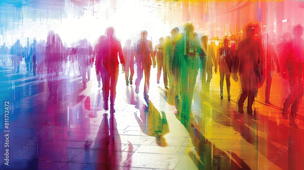 A group of people walking down a street with a rainbow background A group of people walking down a street with a rainbow background