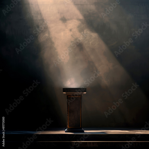 A podium with a spotlight shining on it, ready for a memorial service photo