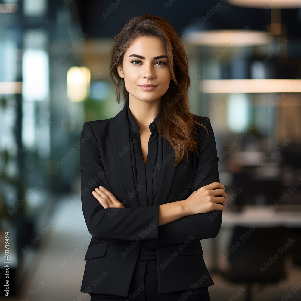 Portrait of successful business woman inside office. Generative AI. Portrait of successful business woman inside office. Generative AI.