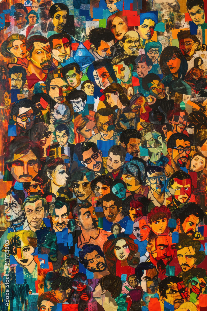 A detailed painting featuring a diverse group of individuals with unique facial features, expressions, and characteristics