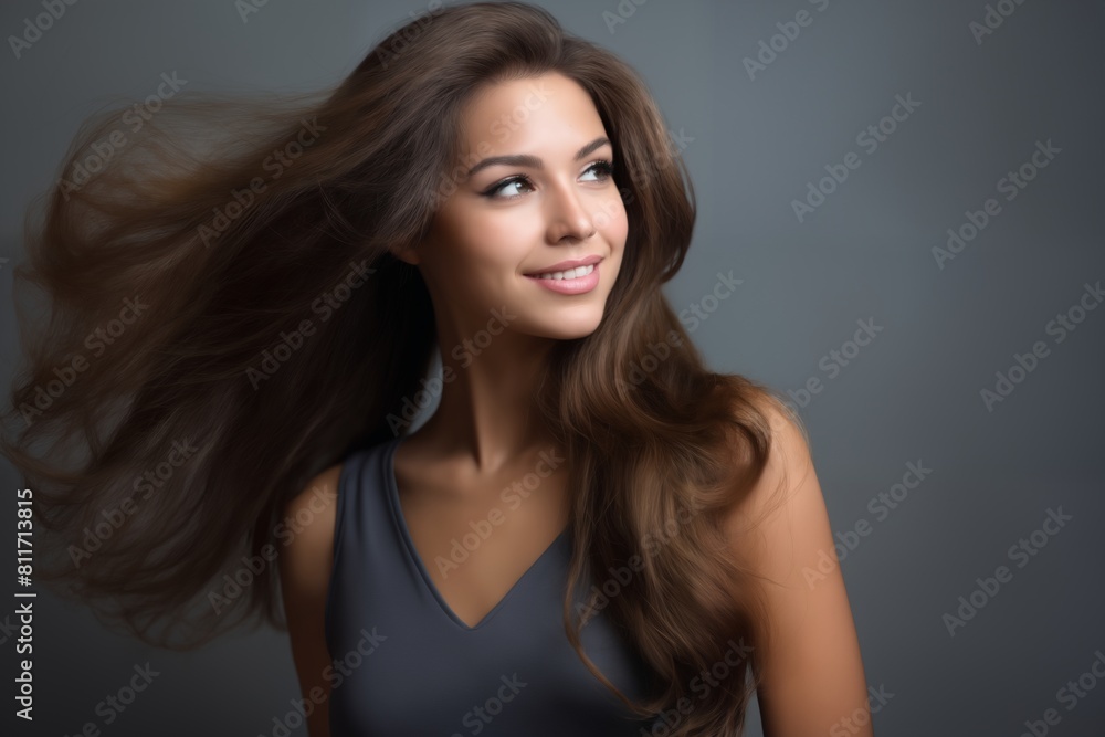 portrait of a young beautiful woman with long curly hair, close-up face, on a dark background, studio beauty photo, style and fashion portrait of a young beautiful woman with long curly hair, close-up face, on a dark background, studio beauty photo, style and fashion