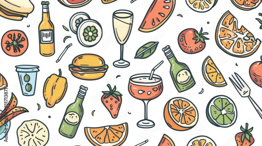 Various fruits and drinks arranged on a white background, showcasing a colorful assortment of healthy and refreshing options Various fruits and drinks arranged on a white background, showcasing a colorful assortment of healthy and refreshing options