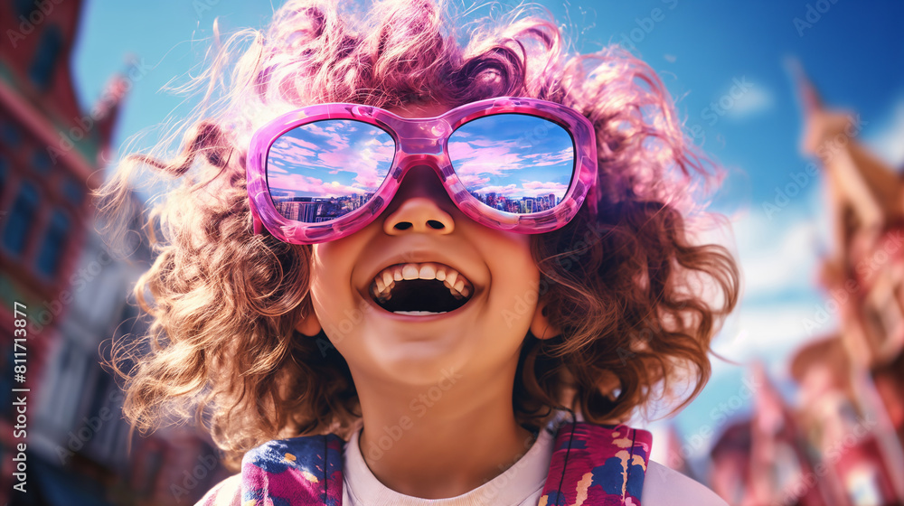 portrait of a boy with virtual reality eyeglasses in front of background of streets of modern city portrait of a boy with virtual reality eyeglasses in front of background of streets of modern city