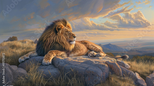 A painting depicting a lion lying down on a large rock in a realistic style