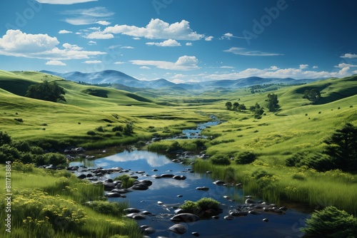 A beautiful summer or spring landscape with green grass on the hills and green fields. The blue sky is filled with white clouds and bright sunlight. Nature as a background. © soleg
