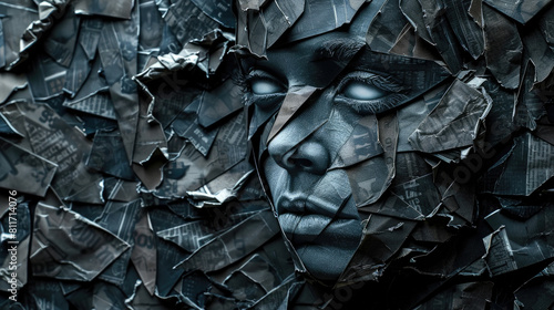 A womans face meticulously crafted from various pieces of paper, forming features like eyes, nose, and lips