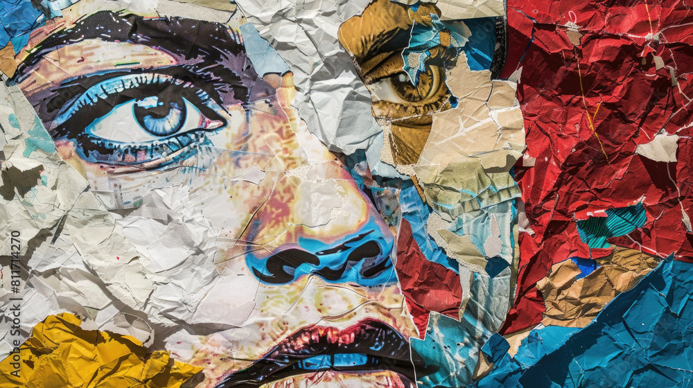 Fototapeta premium Detailed close-up of a painting depicting a womans face, showcasing intricate brushstrokes and expressions