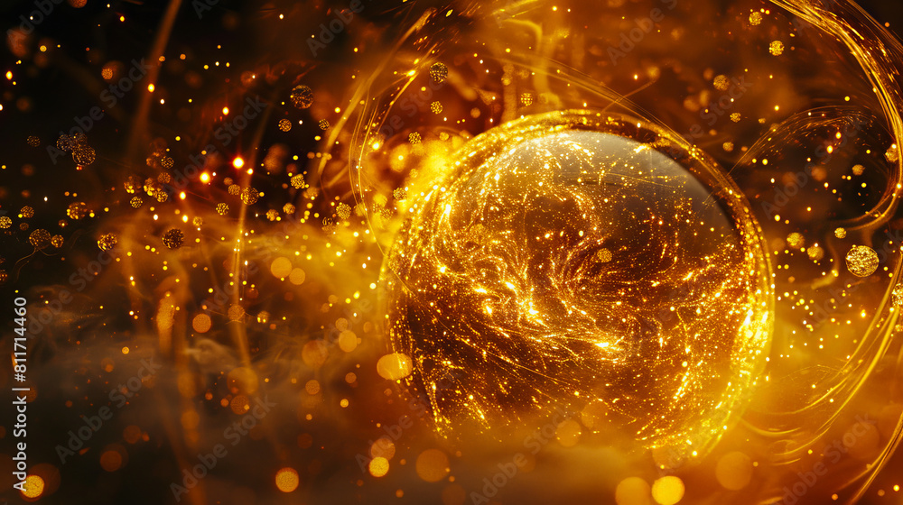 Obraz premium A golden ball with flames and smoke.