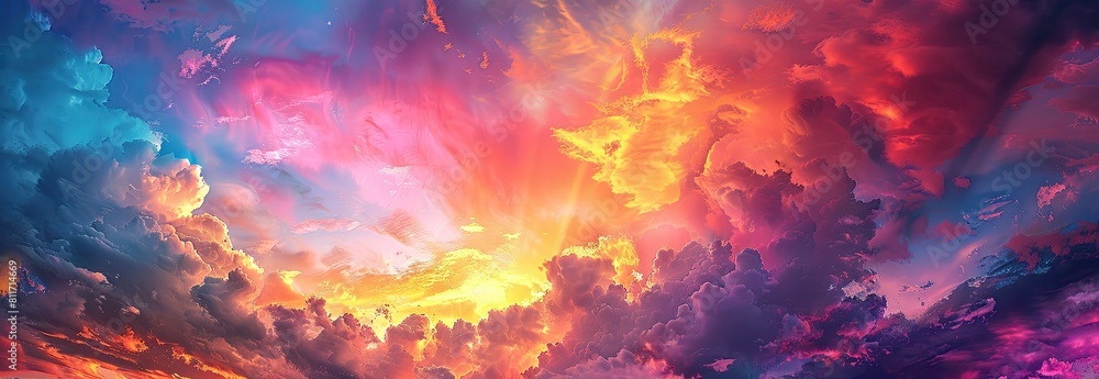 a painting of a sunset sky with clouds and the sun shining through them