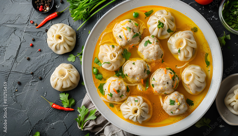 white plate with chicken meatballs in soup, with yellow liquid and vegetables, and many small white dumplings floating on top