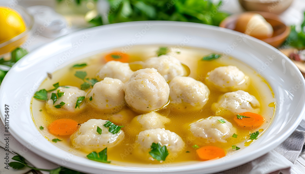 white plate with chicken meatballs in soup, with yellow liquid and vegetables, and many small white dumplings floating on top white plate with chicken meatballs in soup, with yellow liquid and vegetables, and many small white dumplings floating on top