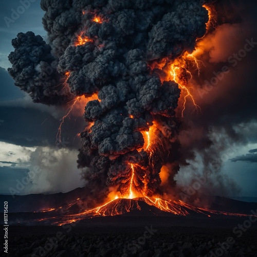 Volcano eruption with sparks and lightning