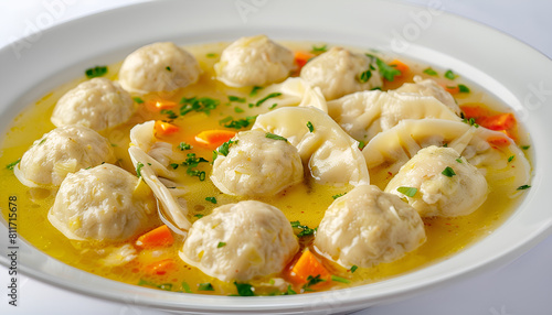 white plate with chicken meatballs in soup, with yellow liquid and vegetables, and many small white dumplings floating on top
