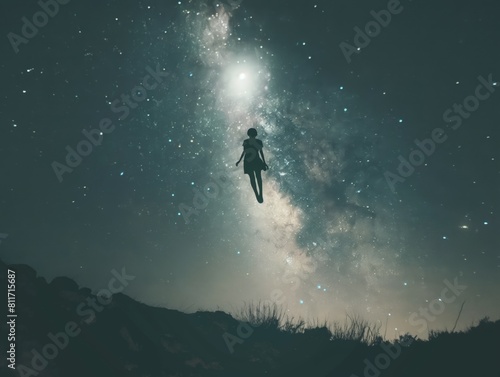 Silhouette of a person levitating above the ground with a magnificent starry sky backdrop. © cherezoff