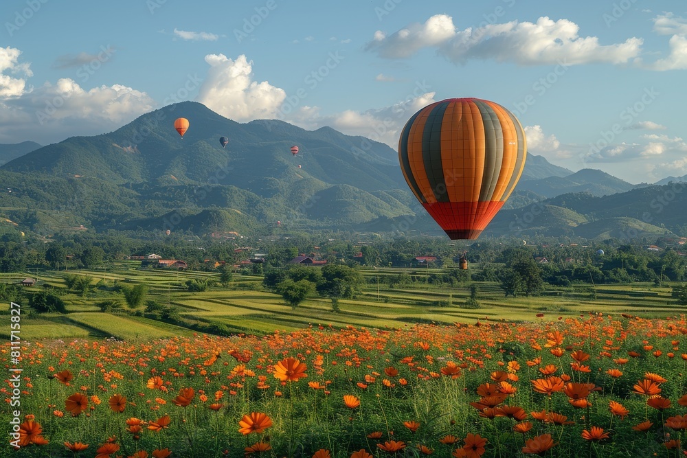 Obraz premium A majestic hot air balloon hovers over a vibrant flower field and rural landscape with mountains in the background