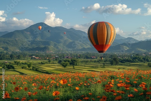 A majestic hot air balloon hovers over a vibrant flower field and rural landscape with mountains in the background