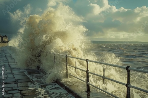 ocean waves crashing against a seaside promenade
