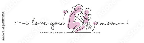 I love you mom Happy Mother's Day pink handwritten calligraphy lettering line design draw of giving love to mom on white background banner © simbos