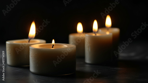 three lit candles on a black background with copy space. Genative.ai  