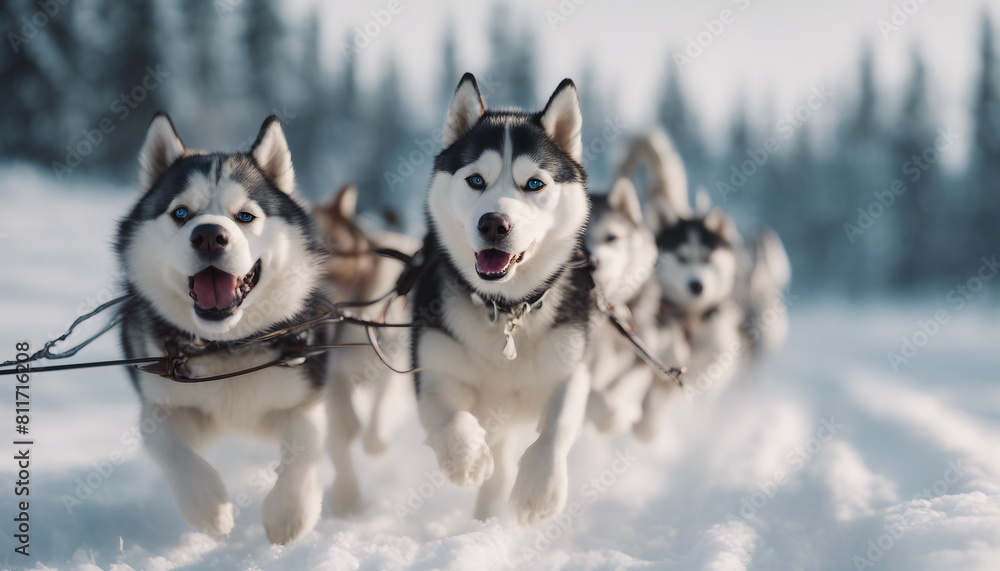 Siberian Husky dog team pulling sled
