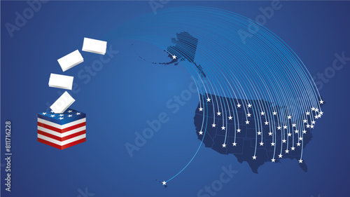 USA Presidential Election, 2024. USA political election campaign info graphic banner illustration. USA stars and map with ballots fly into the ballot box on blue background © simbos