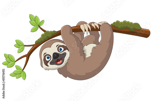 Cartoon sloth hanging on a tree branch