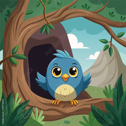 A blue bird is looking out of a hole in the forest