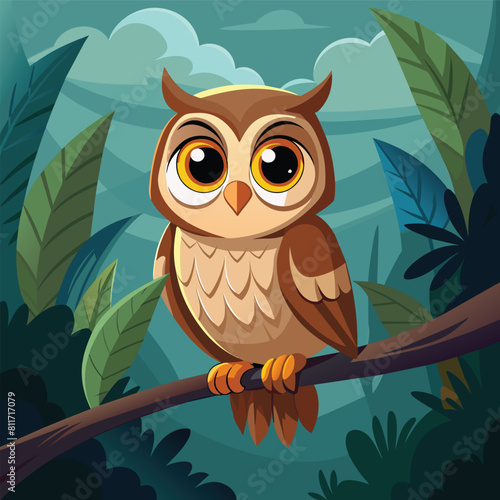 Cartoon owl sitting on a branch on a blue background with trees and sky in the background