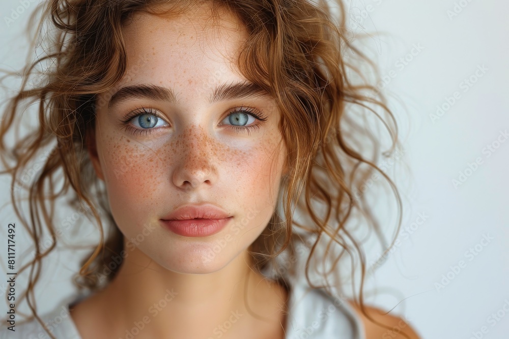 Highly detailed close-up of a young woman with captivating blue eyes and freckles, embodying natural beauty Highly detailed close-up of a young woman with captivating blue eyes and freckles, embodying natural beauty