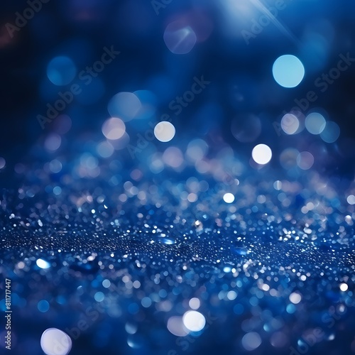 Sapphire blue glitter background with bokeh lights. Generative AI.