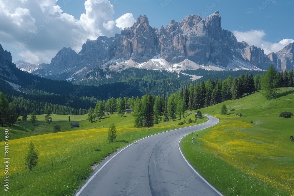 The picturesque road cuts through the vibrant green meadows of the Dolomites, flanked by snow-capped mountain peaks The picturesque road cuts through the vibrant green meadows of the Dolomites, flanked by snow-capped mountain peaks