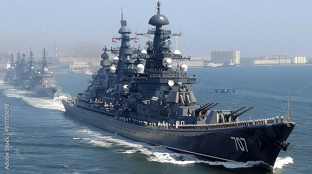 A large navy ship with the number 707 on its side is sailing in the ocean A large navy ship with the number 707 on its side is sailing in the ocean