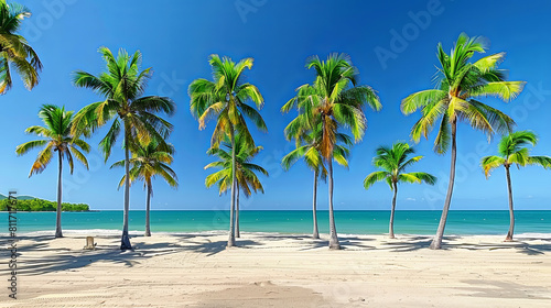 A beautiful beach with palm trees and a blue ocean