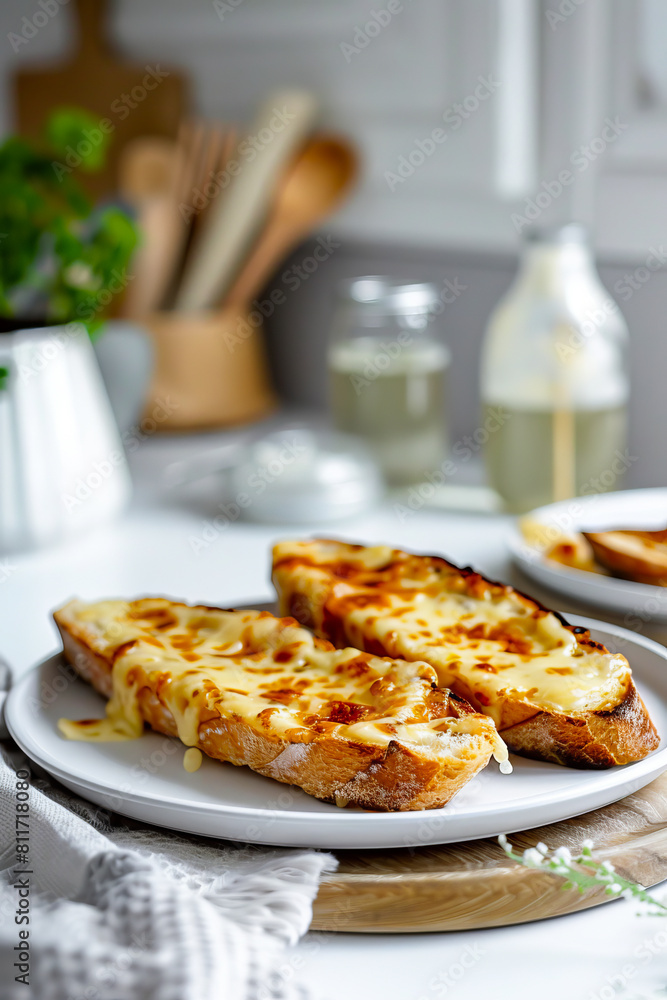 A plate of toasted bread with cheese on it. A plate of toasted bread with cheese on it.
