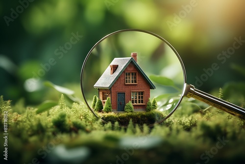 Mortgage concept. House model and magnifying glass on green moss background photo