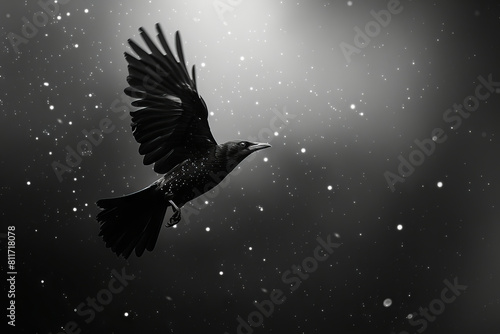 A black bird flying through the snow.