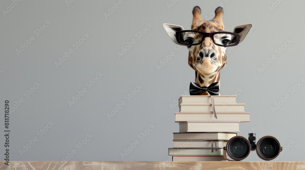 Fototapeta premium Giraffe in a bow tie and glasses, peeking out from behind a tall stack of books, with a pair of binoculars and a map on a nearby table on a light background
