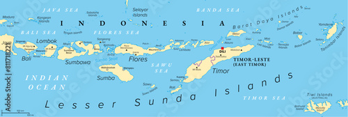 Lesser Sunda Islands, Indonesia, political map. Nusa Tenggara Islands, archipelago Southeast Asia. Part of volcanic Sunda Arc. Bali, Lombok, Sumbawa, Sumba, Flores, Timor and numerous smaller islands.